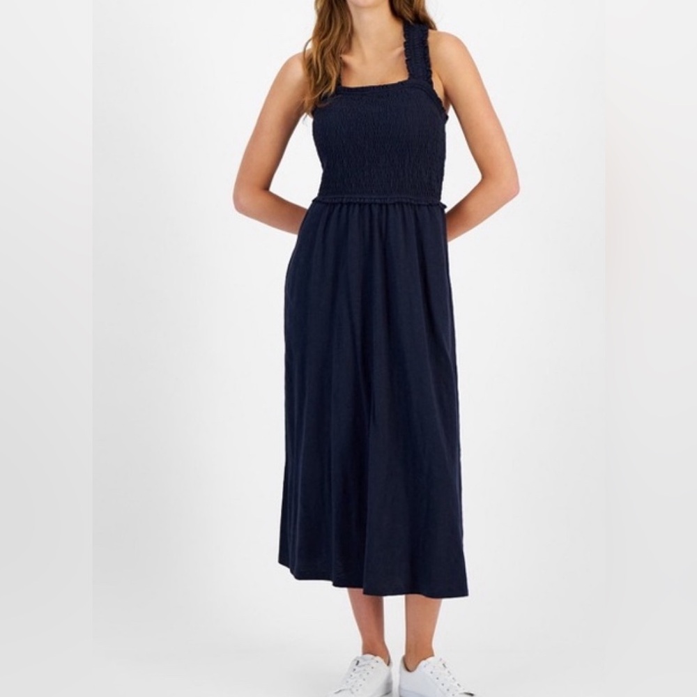 Tommy Hilfiger Women's Cotton Smocked Sleeveless Midi Dress navy size XL